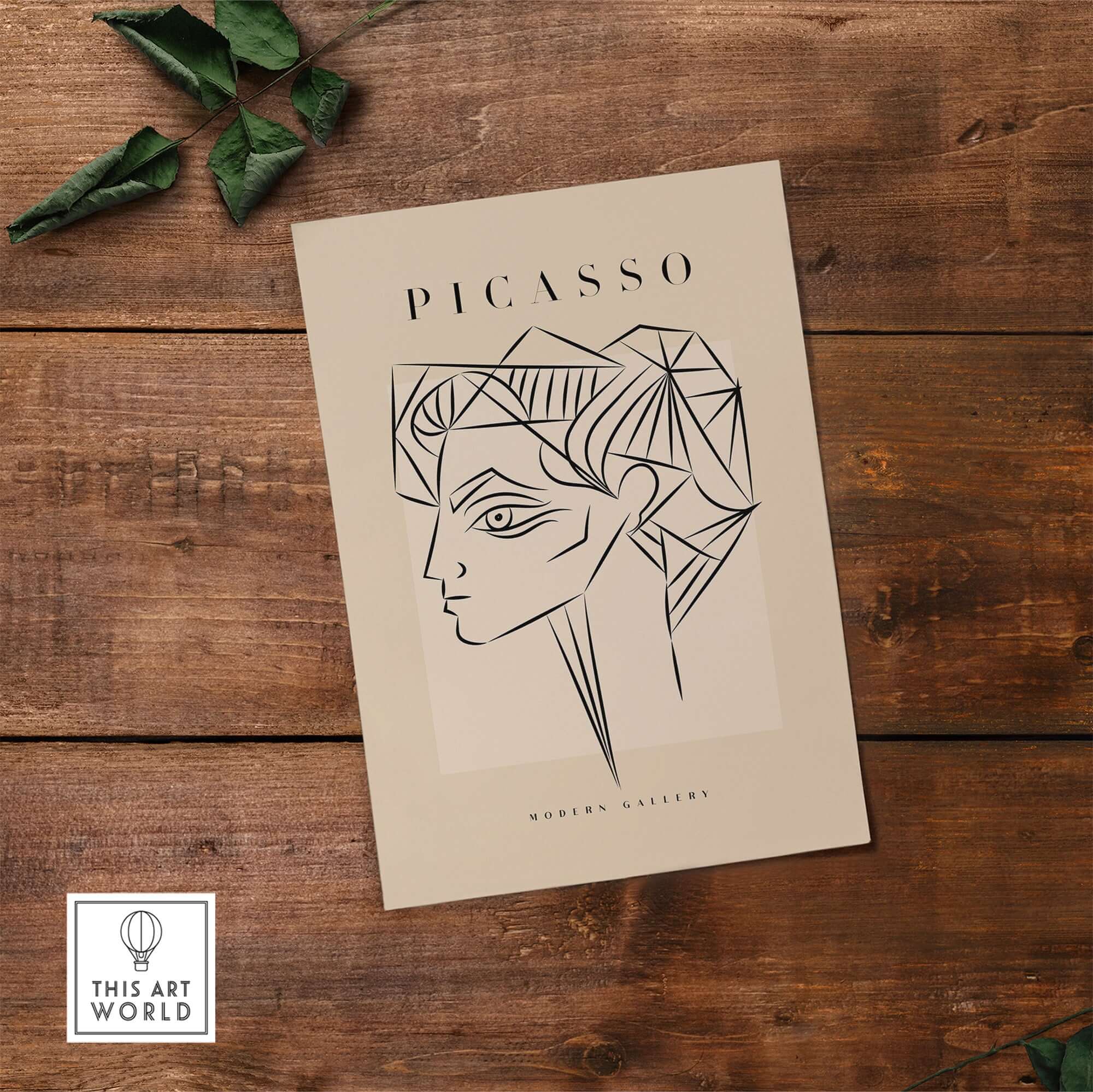Picasso Geometric Profile Head Line Art Angular Abstract Poster Modern Gallery Print displayed on wooden background.