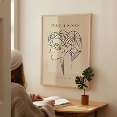 Picasso Geometric Profile Head Line Art Angular Abstract Poster Modern Gallery Print hanging on wall with person studying.