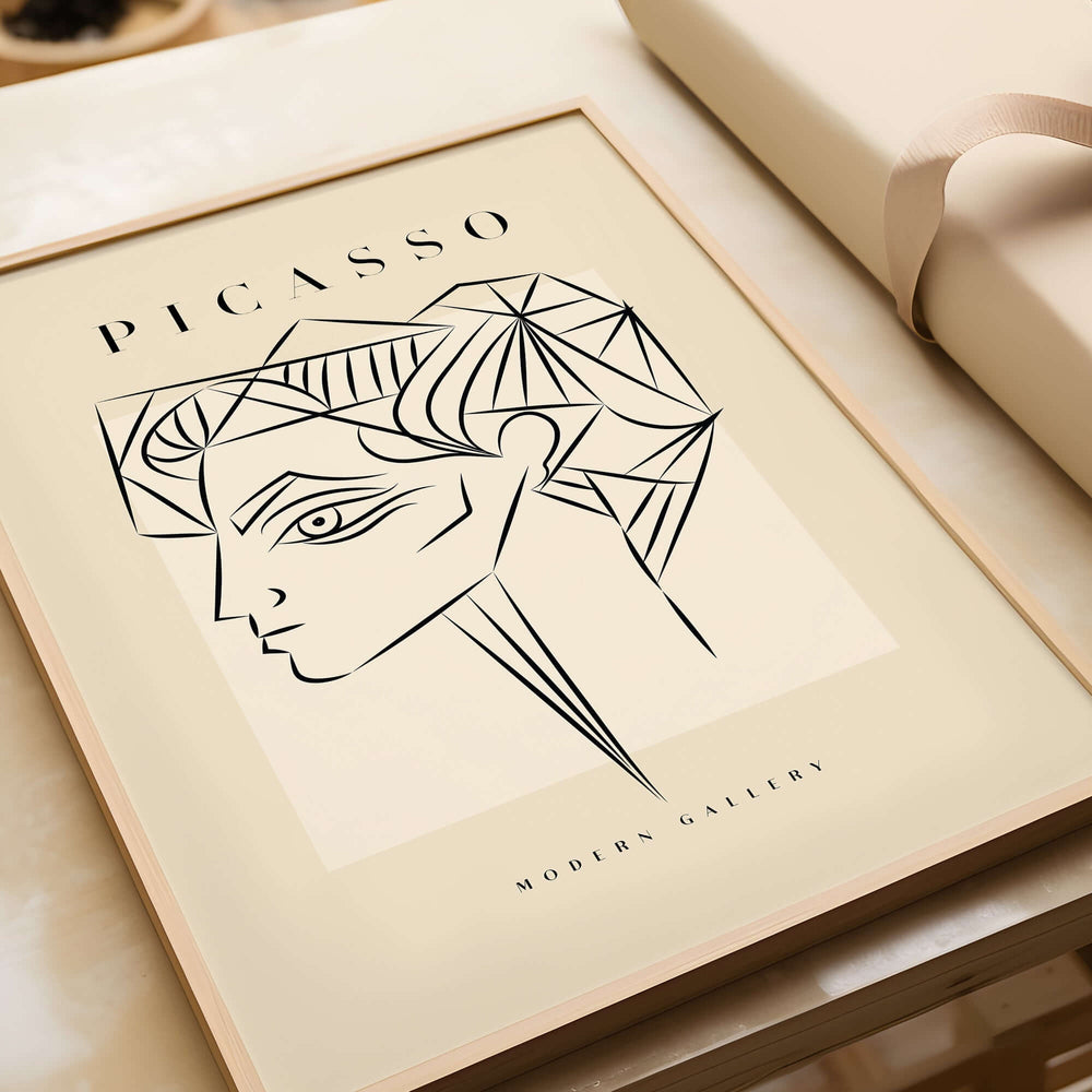 Picasso Geometric Profile Head Line Art Angular Abstract Poster Modern Gallery Print displayed in a modern setting.