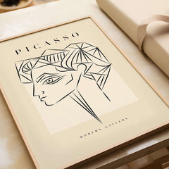 Picasso Geometric Profile Head Line Art Angular Abstract Poster Modern Gallery Print displayed in a modern setting.