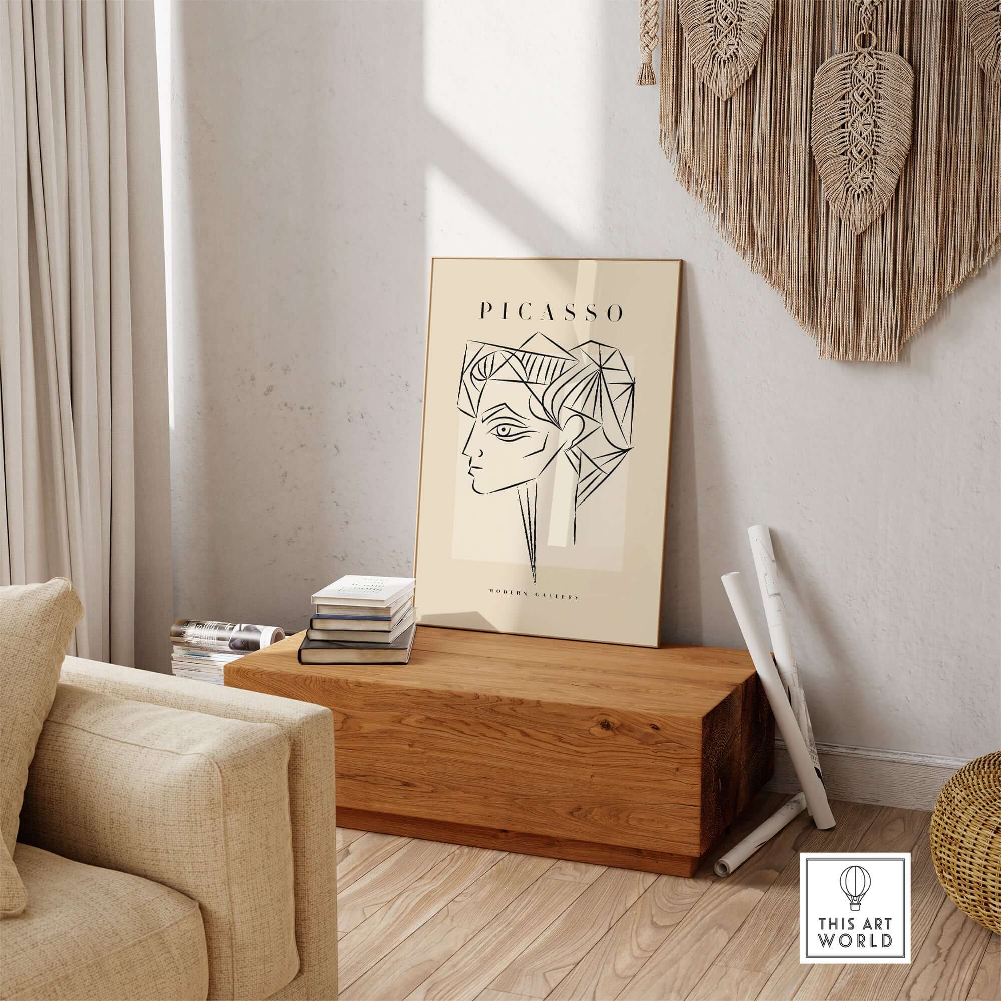 Picasso Geometric Profile Head Line Art Angular Abstract Poster Modern Gallery Print displayed in a stylish interior setting.