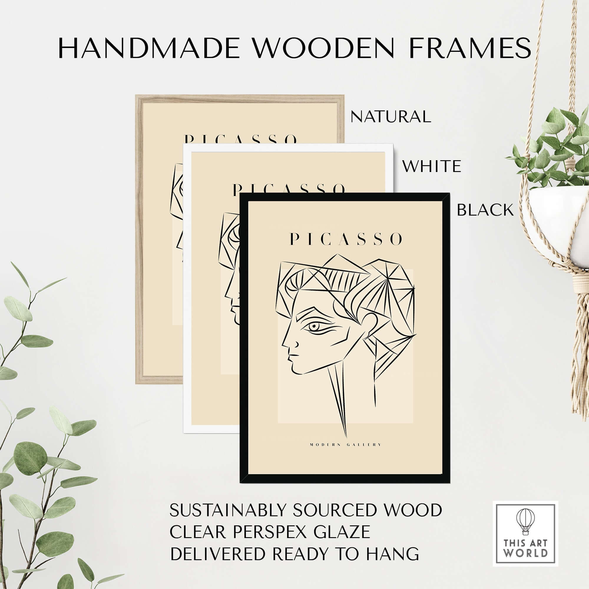 Picasso Geometric Profile Head Line Art Angular Abstract Poster Modern Gallery Print showcased in handmade wooden frames.
