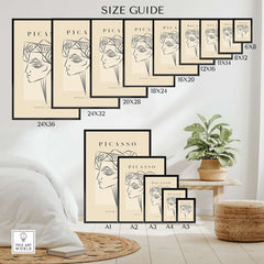 Picasso Geometric Profile Head Line Art Angular Abstract Poster Modern Gallery Print size guide chart with various dimensions.