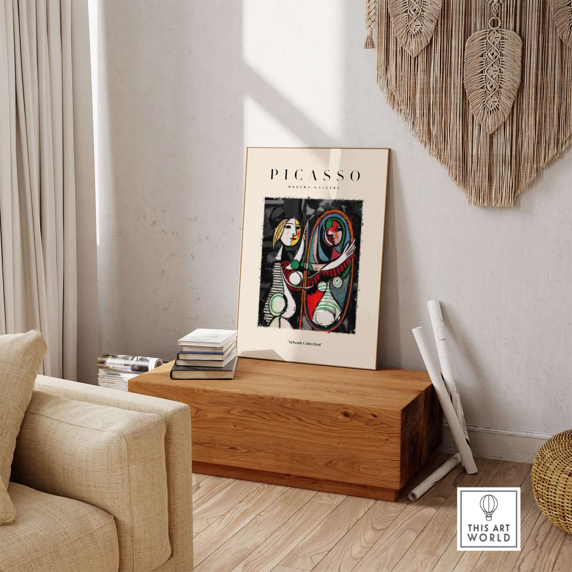 Picasso Girl Before Mirror Inspired Art Print Abstract Reflection Poster Artwork Collection displayed in a modern living room setting.