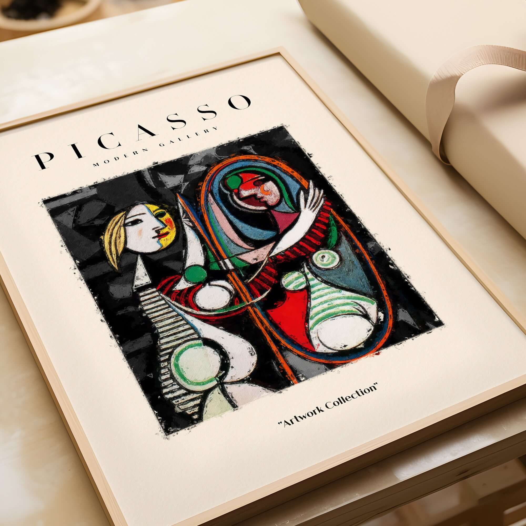 Picasso Girl Before Mirror Inspired Art Print Abstract Reflection Poster Artwork Collection showcasing colorful figures.