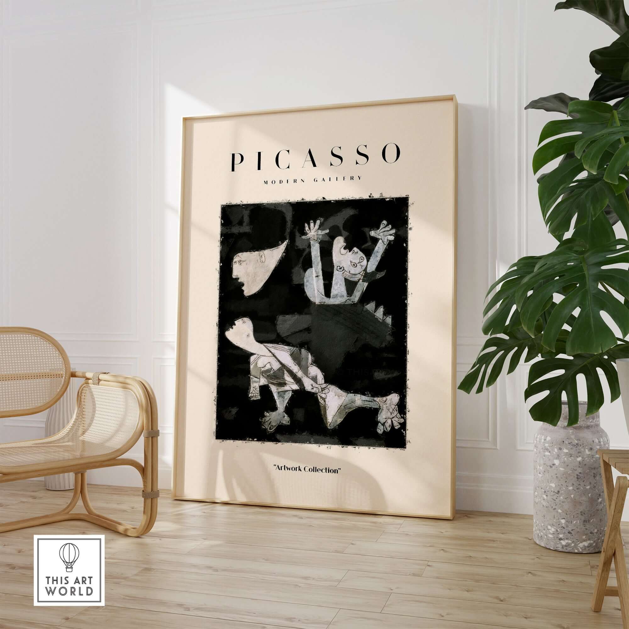 Picasso Guernica Inspired Falling Figures Art Print Abstract Black White Poster Collection in modern interior setting.