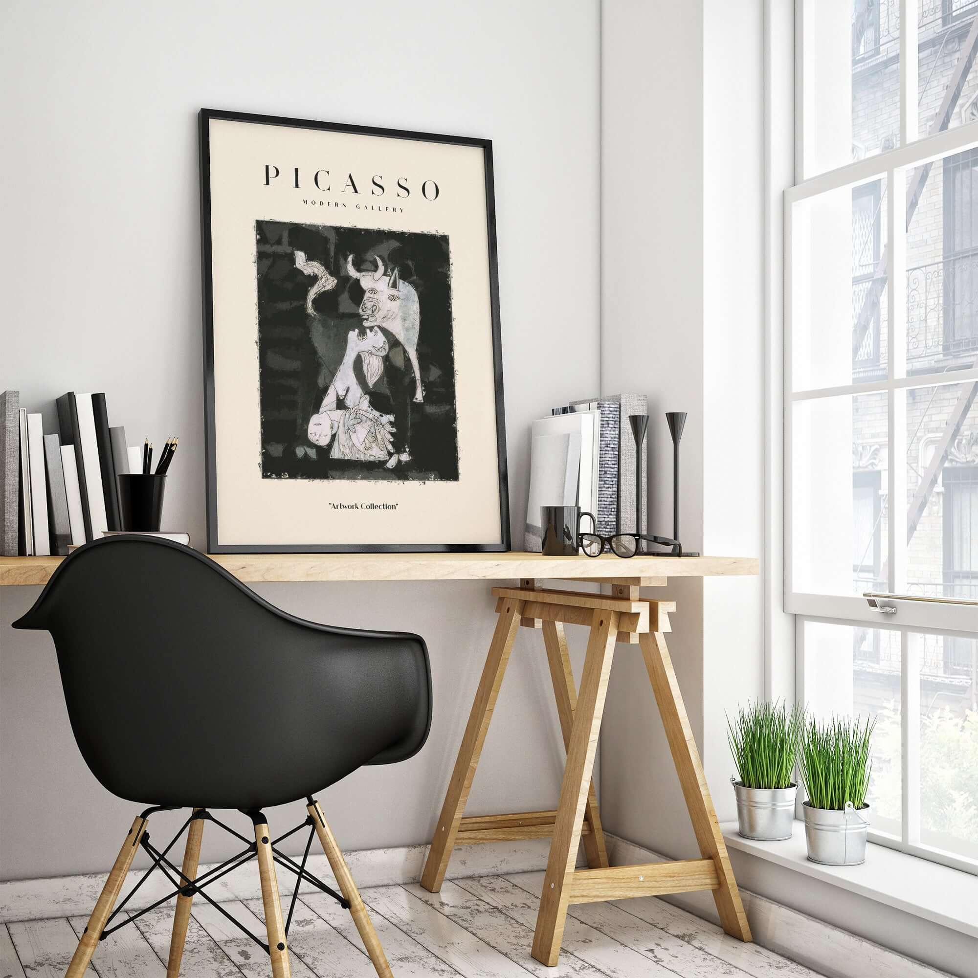Picasso Guernica Inspired Bull Mother Figure Art Print Abstract Black White Poster Collection displayed in a modern interior.