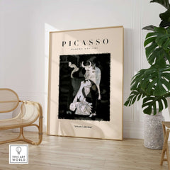 Picasso Guernica Inspired Bull Mother Figure Art Print Abstract Black White Poster Collection displayed in a modern setting.