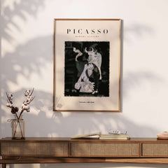 Picasso Guernica Inspired Bull Mother Figure Art Print Abstract Black White Poster Collection framed on wall.