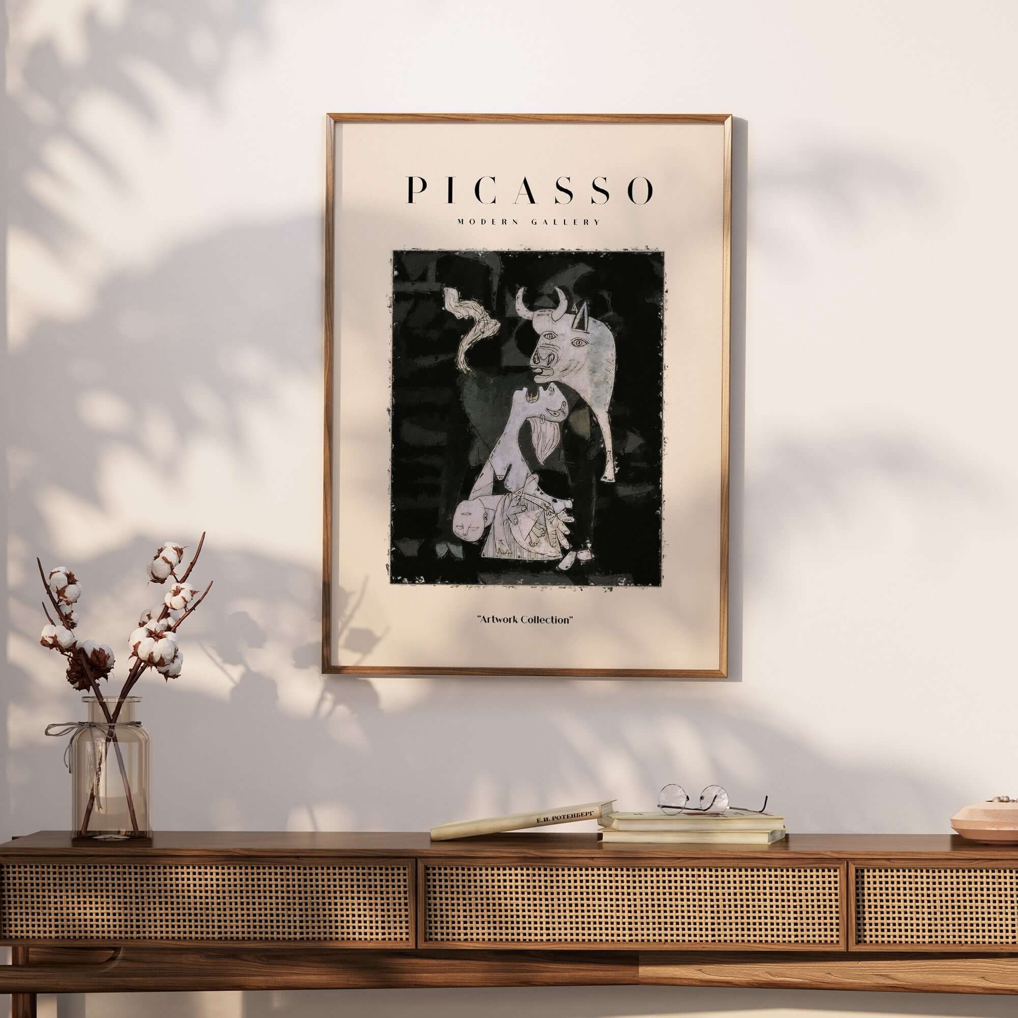 Picasso Guernica Inspired Bull Mother Figure Art Print Abstract Black White Poster Collection framed on wall.