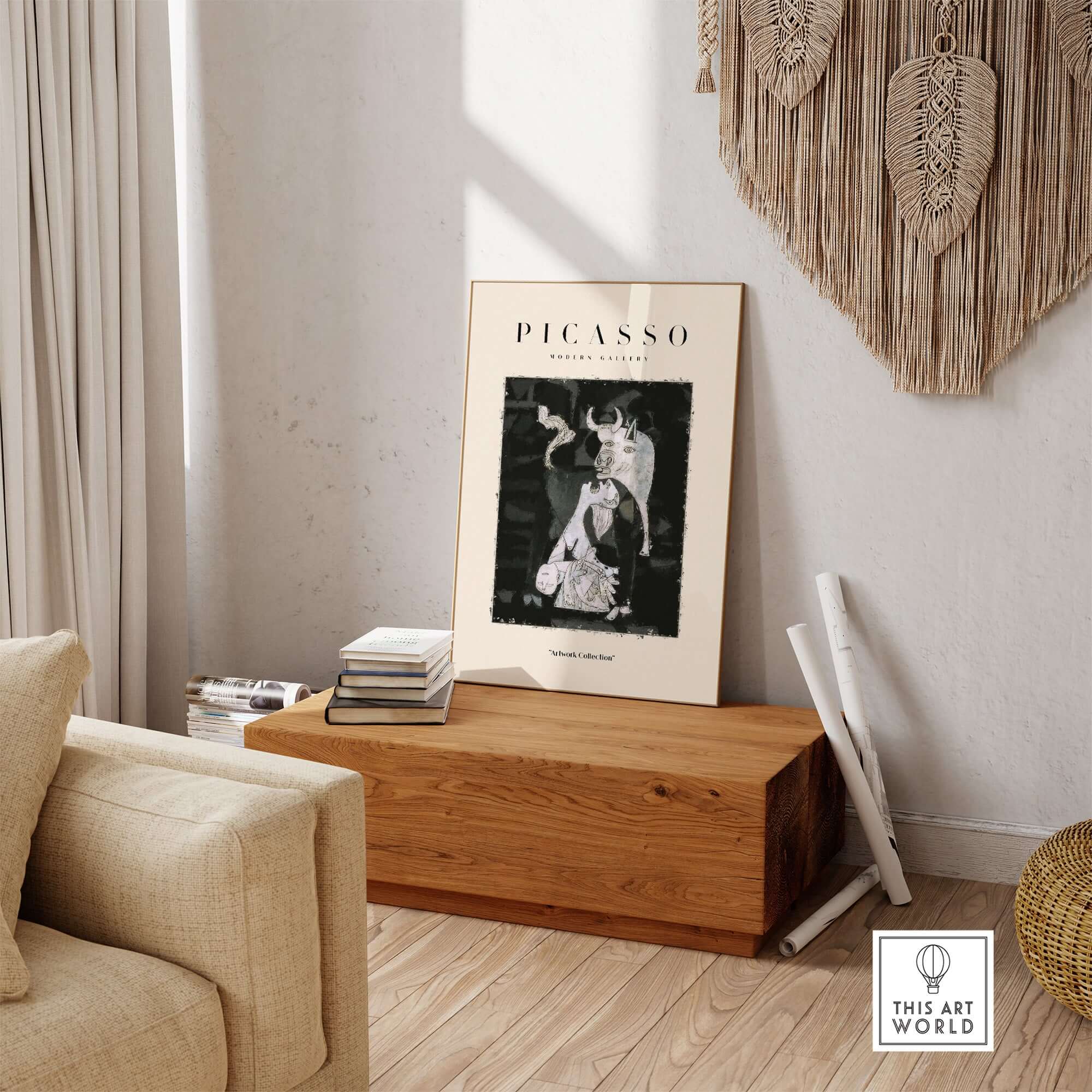 Picasso Guernica Inspired Bull Mother Figure Art Print Abstract Black White Poster Collection displayed in a stylish interior.