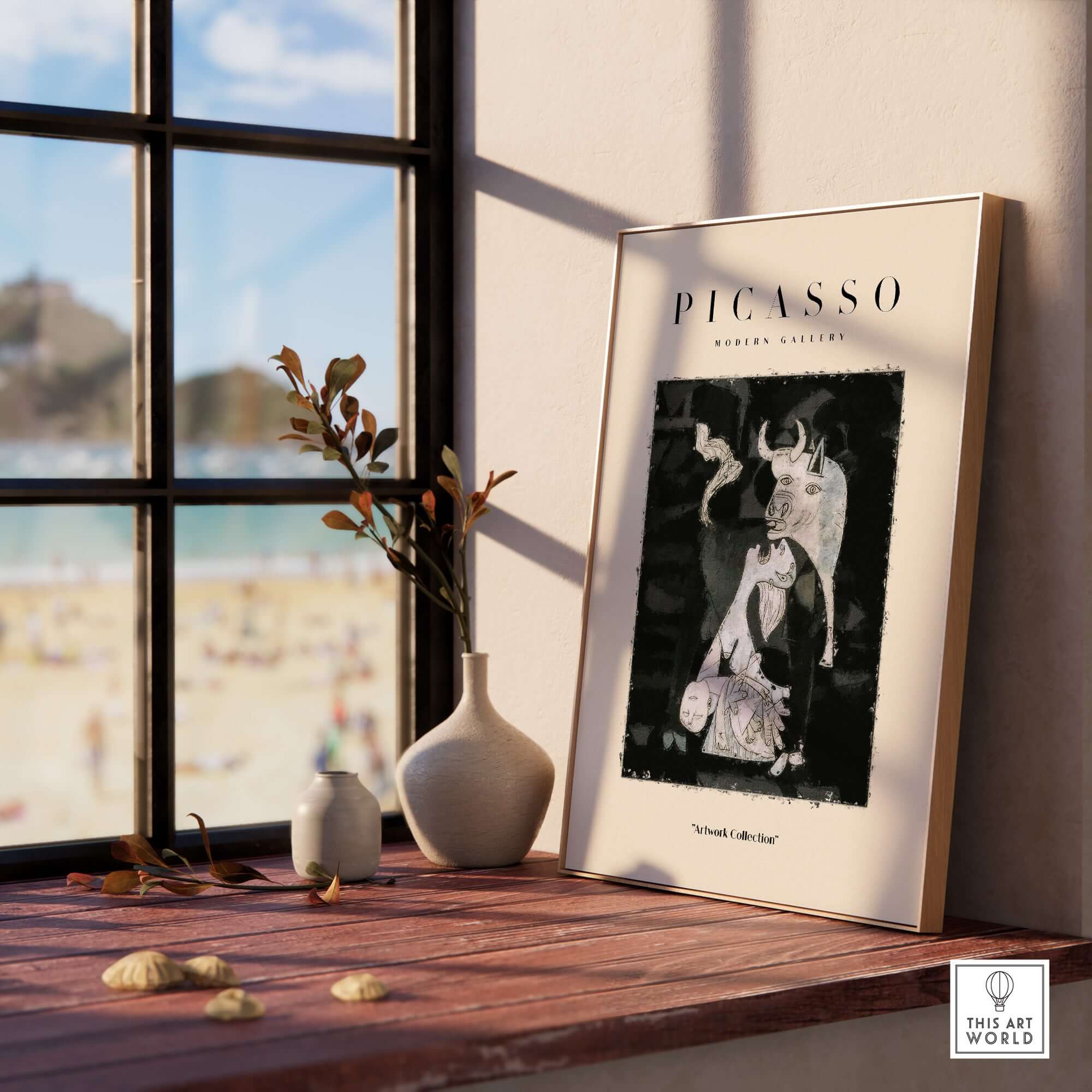 Picasso Guernica Inspired Bull Mother Figure Art Print Abstract Black White Poster Collection displayed on a table.