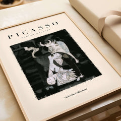 Picasso Guernica Inspired Bull Mother Figure Art Print Abstract Black White Poster Collection displayed in a frame.
