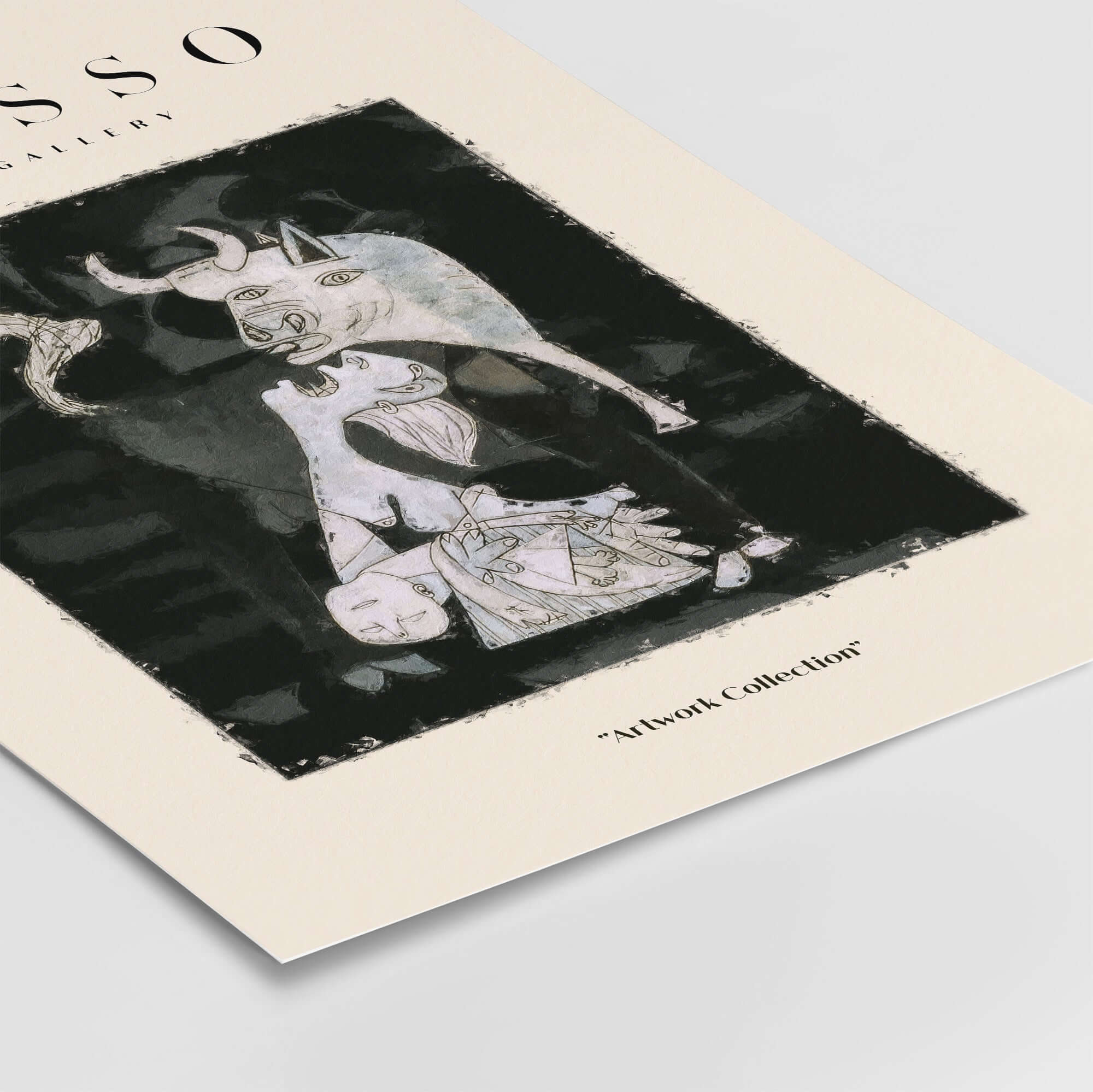 Picasso Guernica Inspired Bull Mother Figure Art Print Abstract Black White Poster Collection featuring bull and lamenting figure.