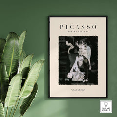 Picasso Guernica Inspired Bull Mother Figure Art Print Abstract Black White Poster Collection on a green wall.