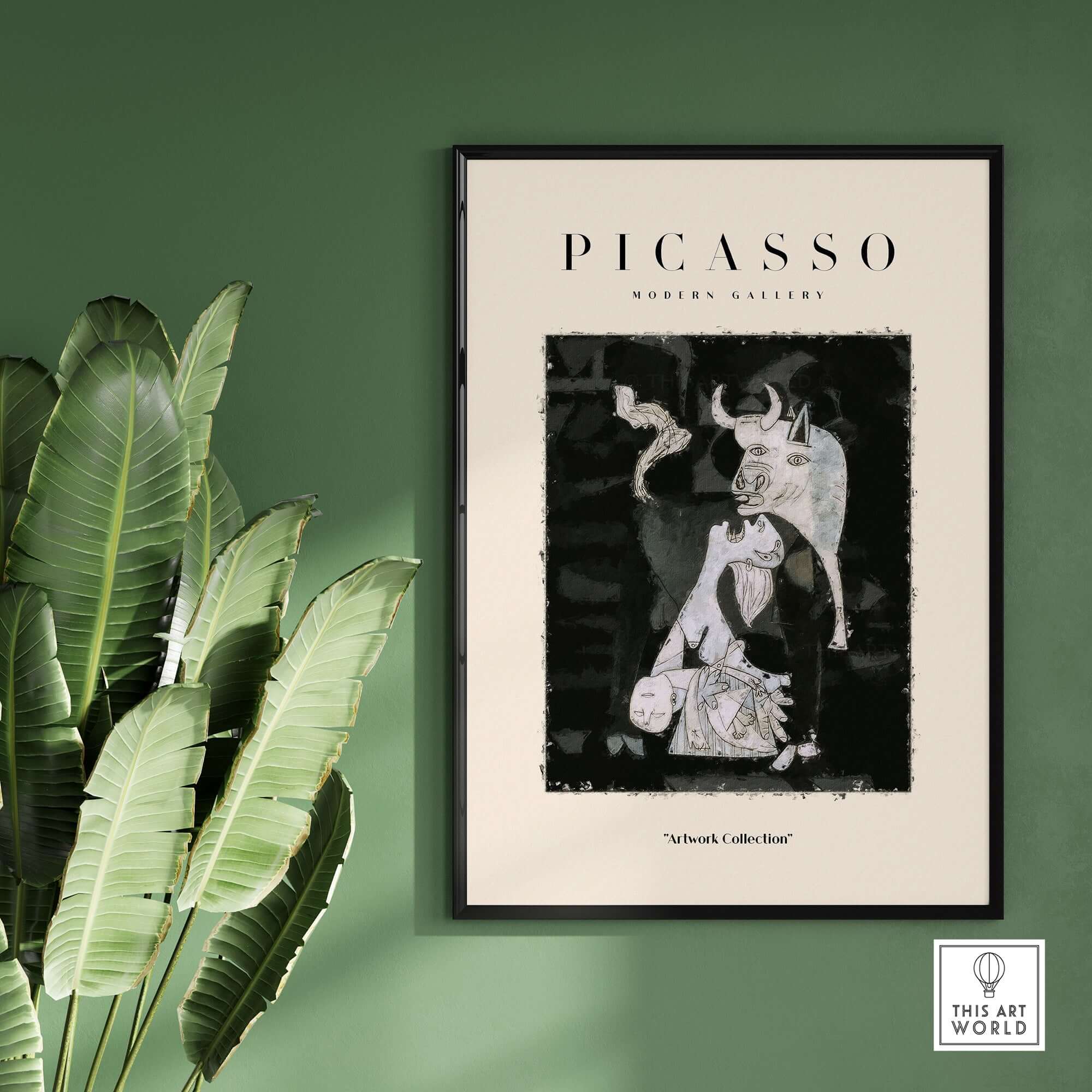 Picasso Guernica Inspired Bull Mother Figure Art Print Abstract Black White Poster Collection on a green wall.