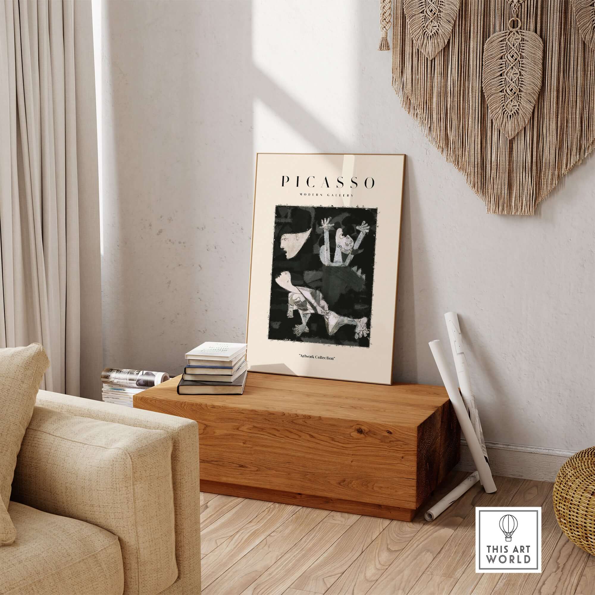 Picasso Guernica Inspired Falling Figures Art Print Abstract Black White Poster Collection displayed in a modern living room setting.