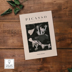 Picasso Guernica Inspired Falling Figures Art Print Abstract Black White Poster Collection on wooden background