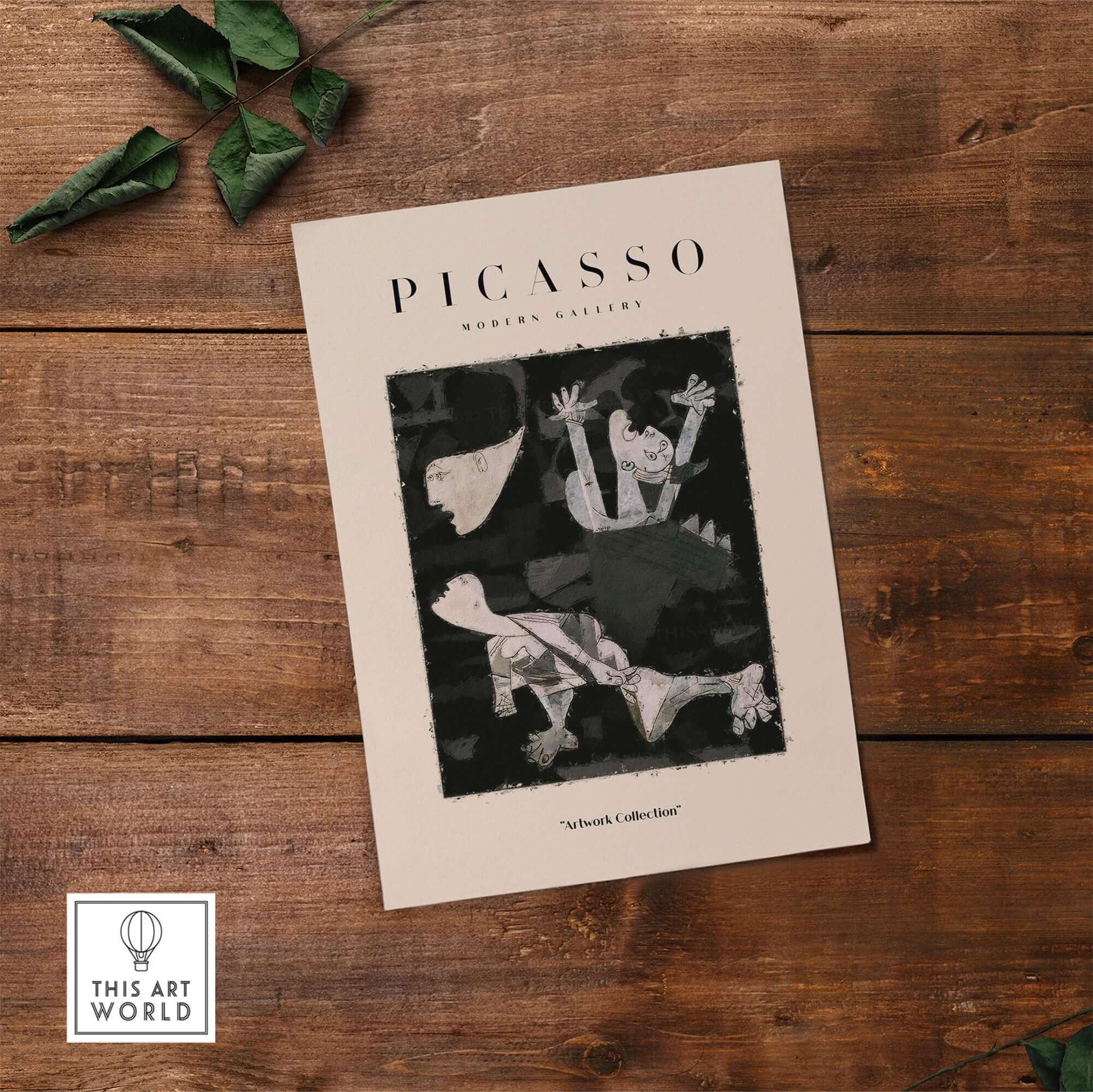 Picasso Guernica Inspired Falling Figures Art Print Abstract Black White Poster Collection on wooden background