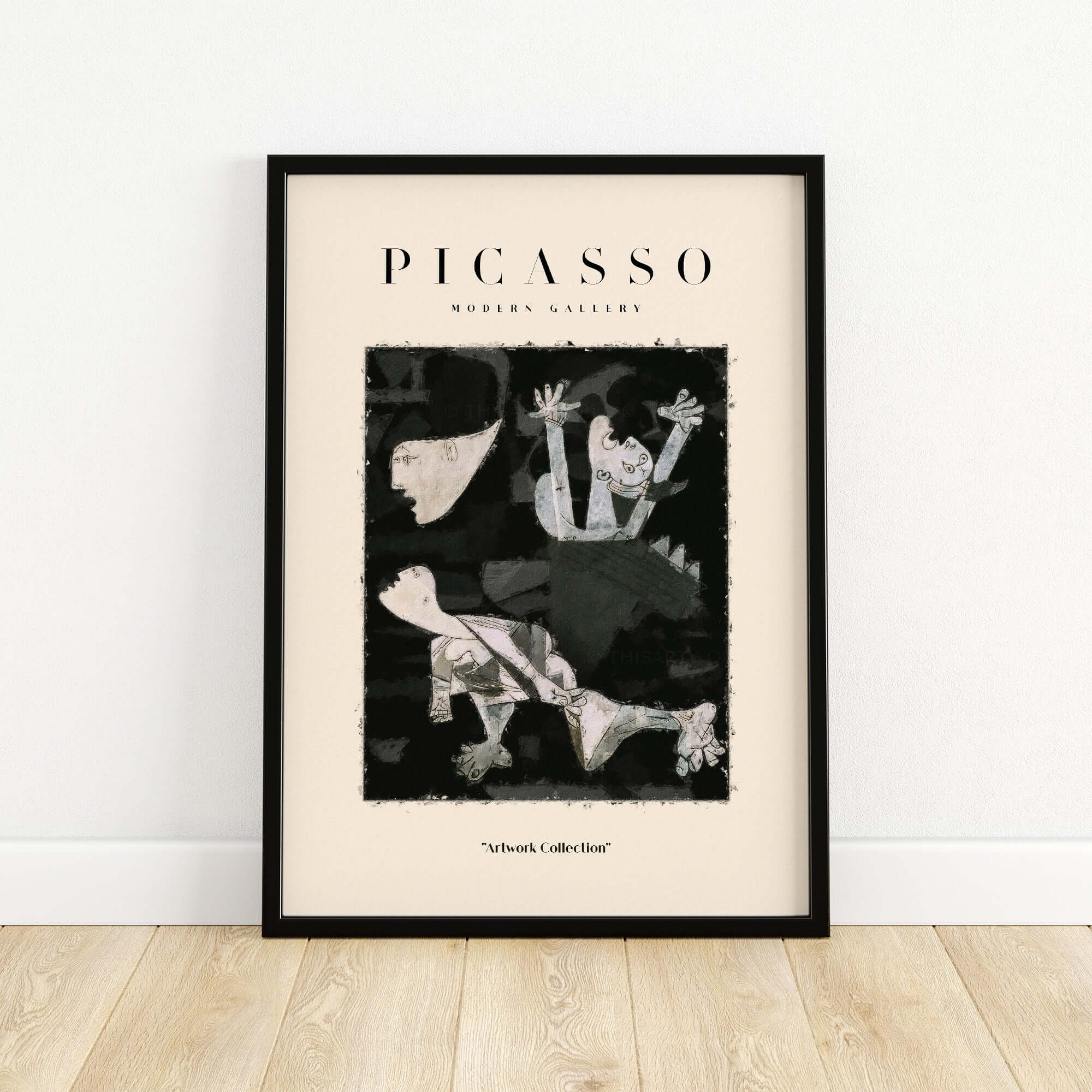 Picasso Guernica Inspired Falling Figures Art Print Abstract Black White Poster Collection in black frame on wooden floor.