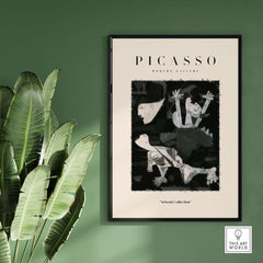Picasso Guernica Inspired Falling Figures Art Print Abstract Black White Poster Collection displayed in a modern gallery setting.
