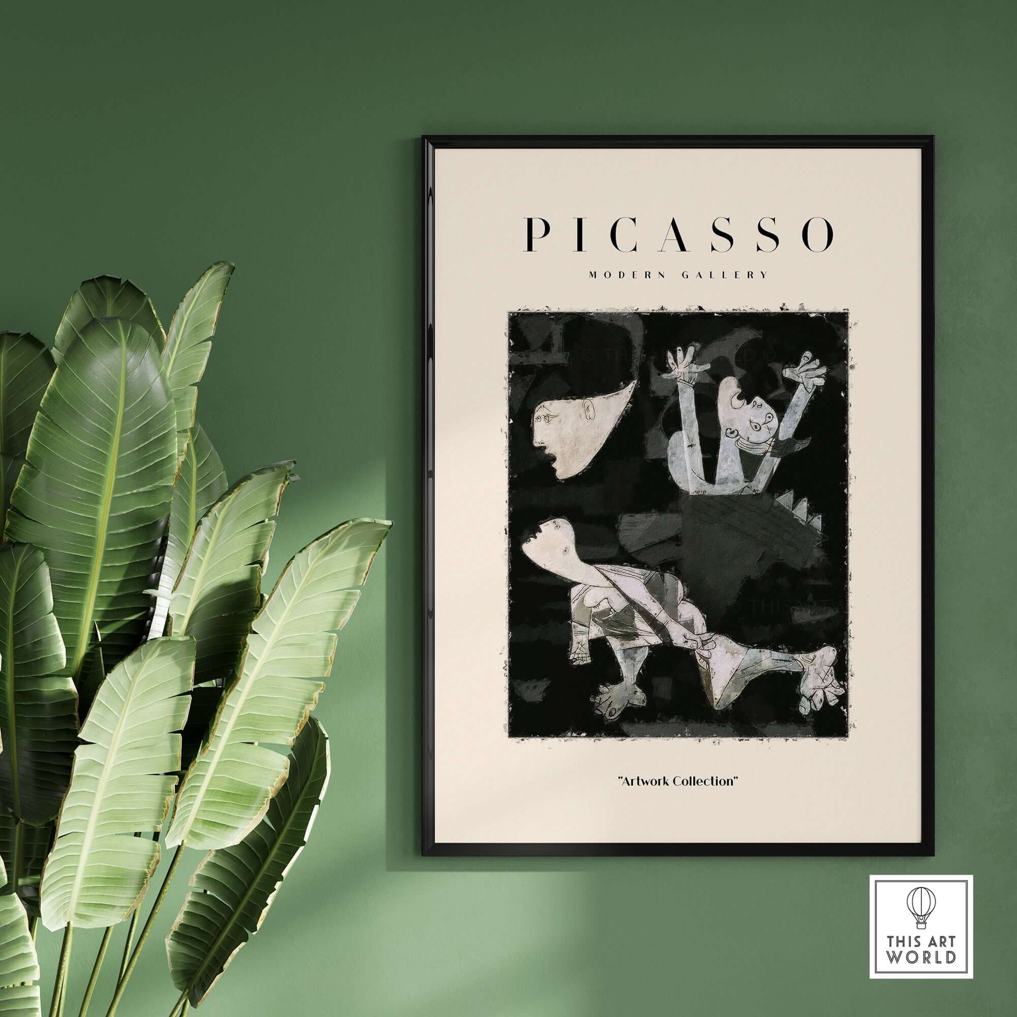 Picasso Guernica Inspired Falling Figures Art Print Abstract Black White Poster Collection displayed in a modern gallery setting.