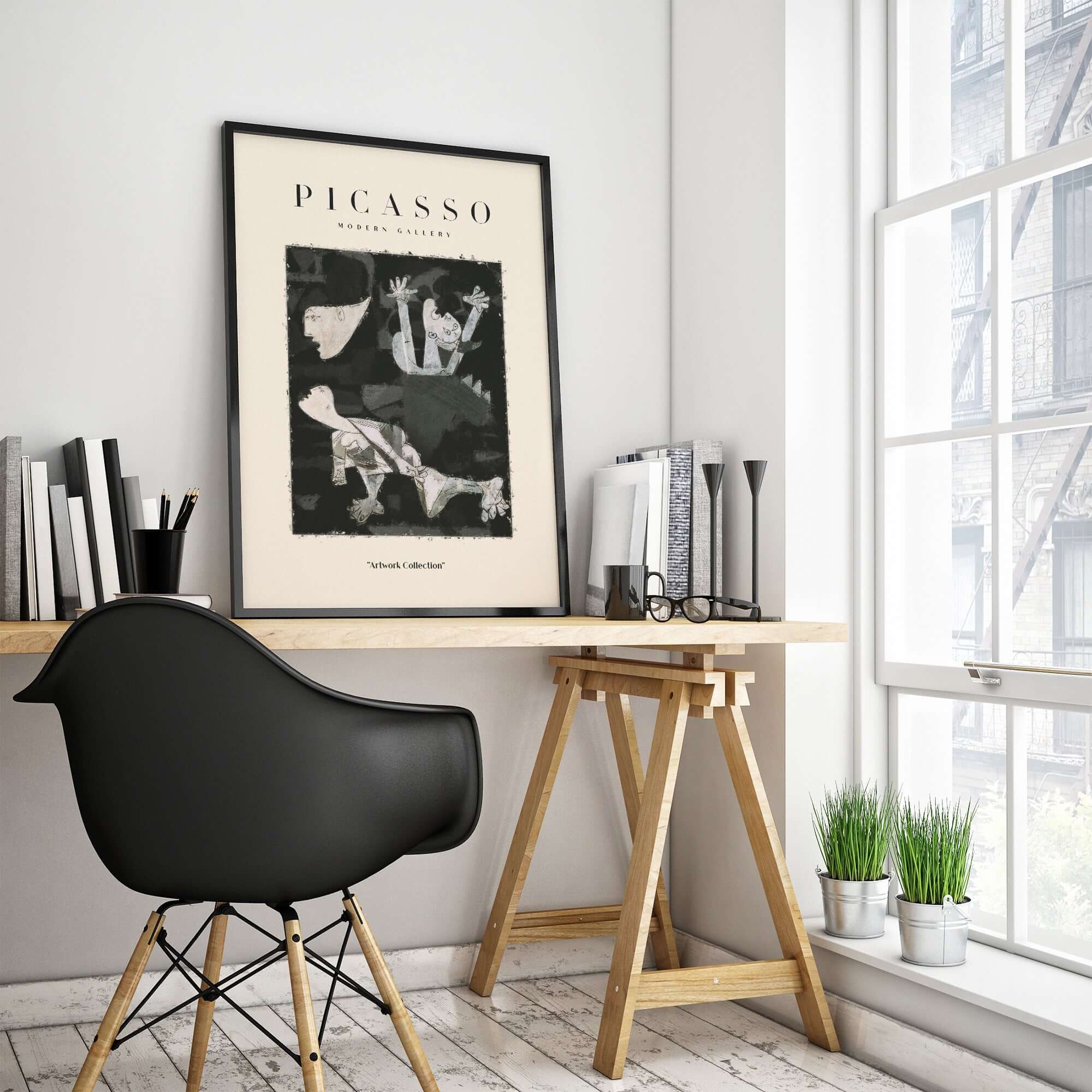 Picasso Guernica Inspired Falling Figures Art Print Abstract Black White Poster Collection displayed in modern interior.