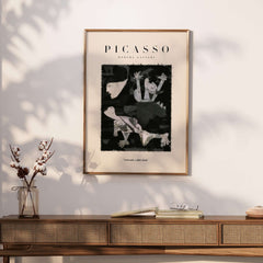 Picasso Guernica Inspired Falling Figures Art Print Abstract Black White Poster Collection displayed on a wall.