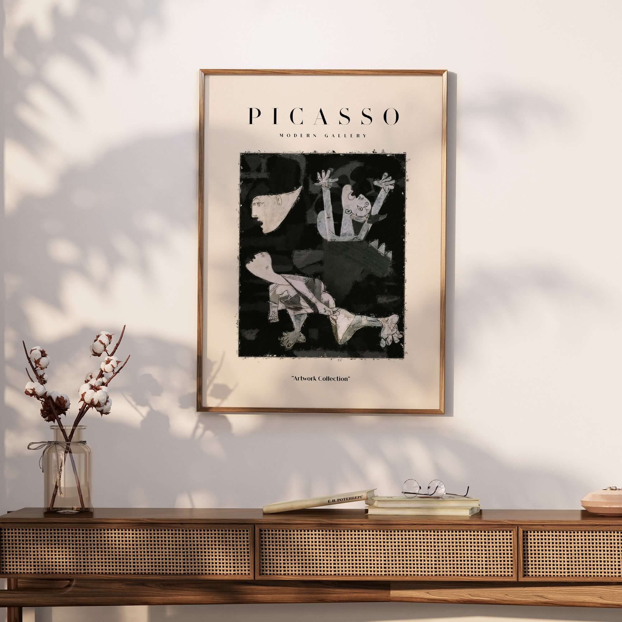 Picasso Guernica Inspired Falling Figures Art Print Abstract Black White Poster Collection displayed on a wall.
