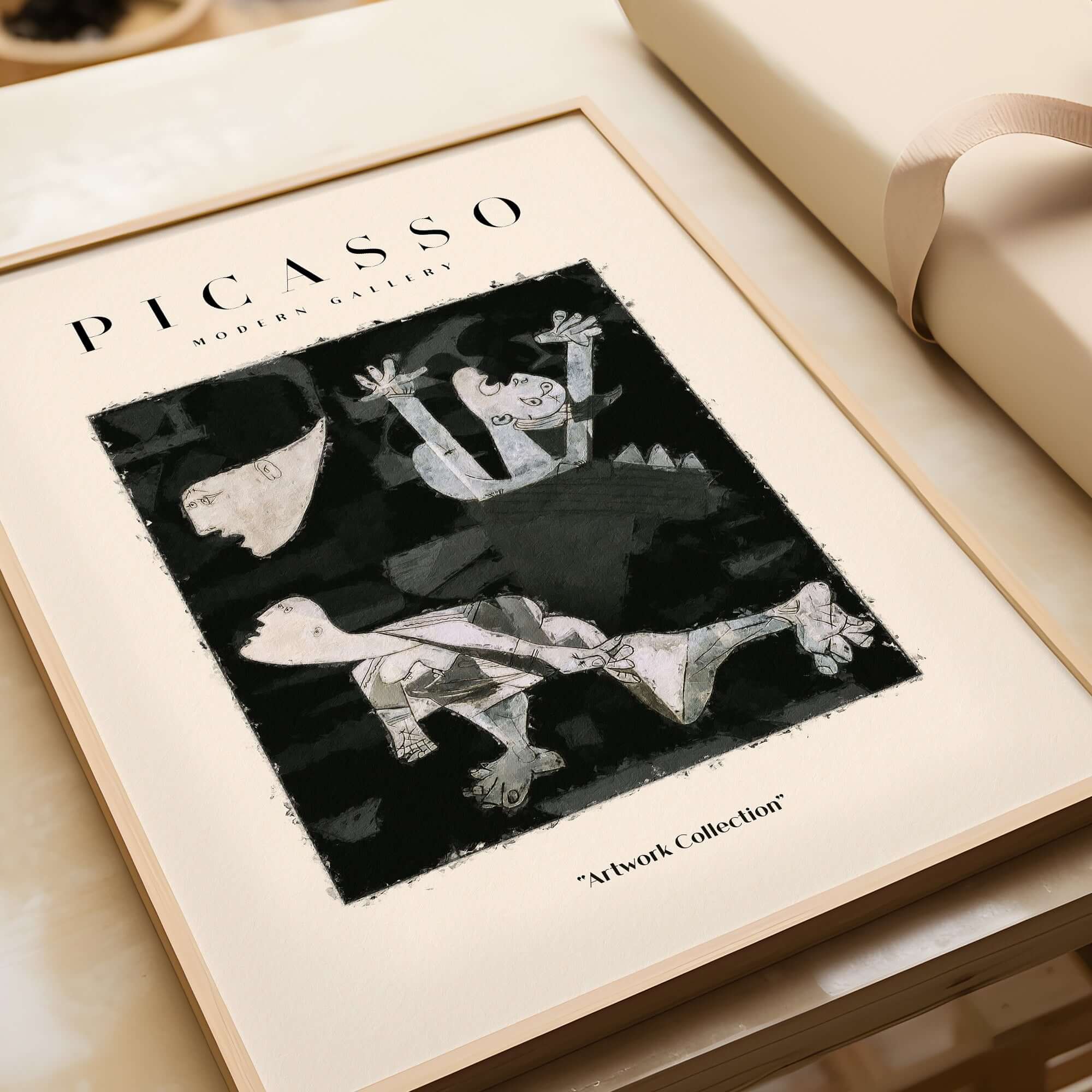 Picasso Guernica Inspired Falling Figures Art Print Abstract Black White Poster Collection framed artwork on a table