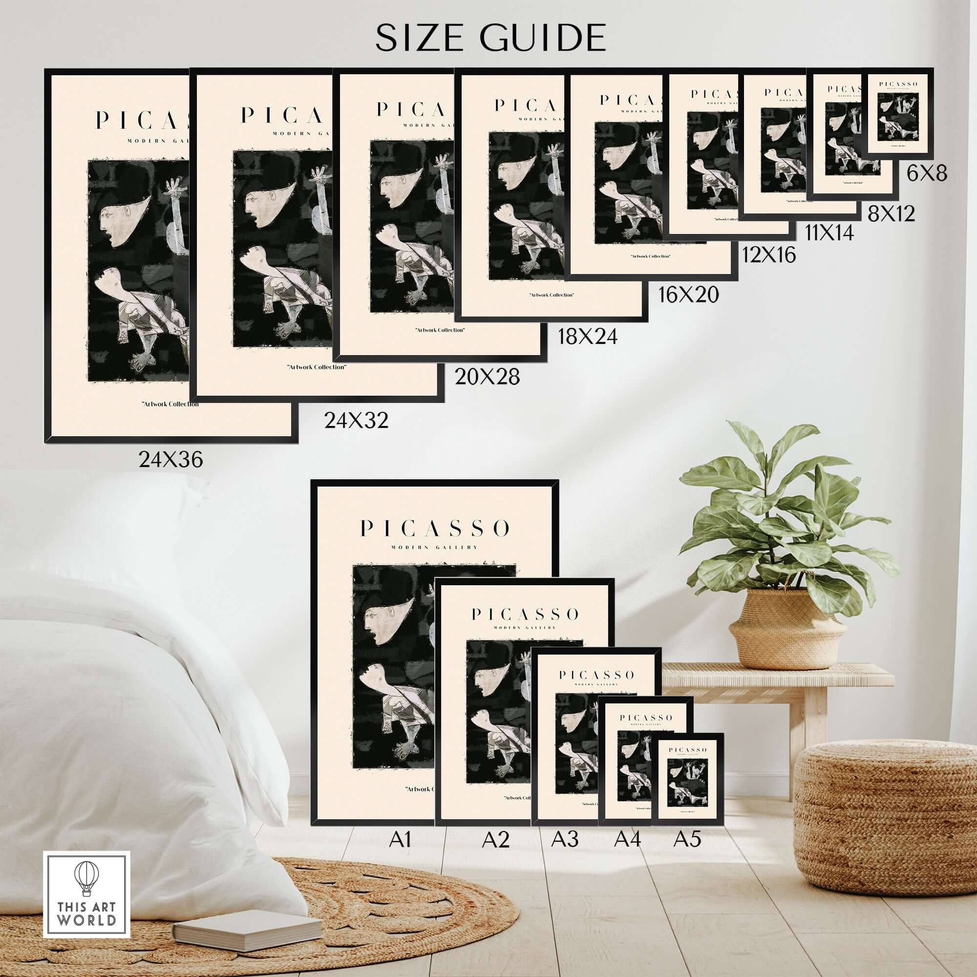 Picasso Guernica Inspired Falling Figures Art Print Abstract Black White Poster Collection size guide and dimensions