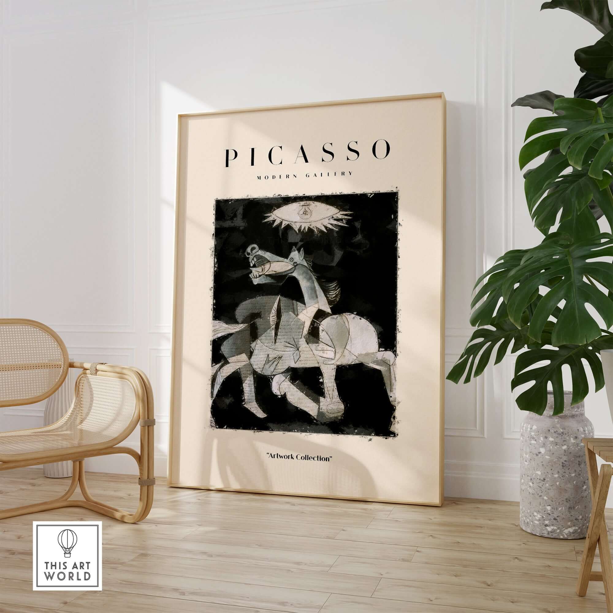 Picasso Guernica Inspired Horse Figure Art Print Abstract Black White Poster Artwork Collection displayed in modern decor