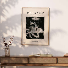 Picasso Guernica Inspired Horse Figure Art Print Abstract Black White Poster Artwork Collection displayed on wall.