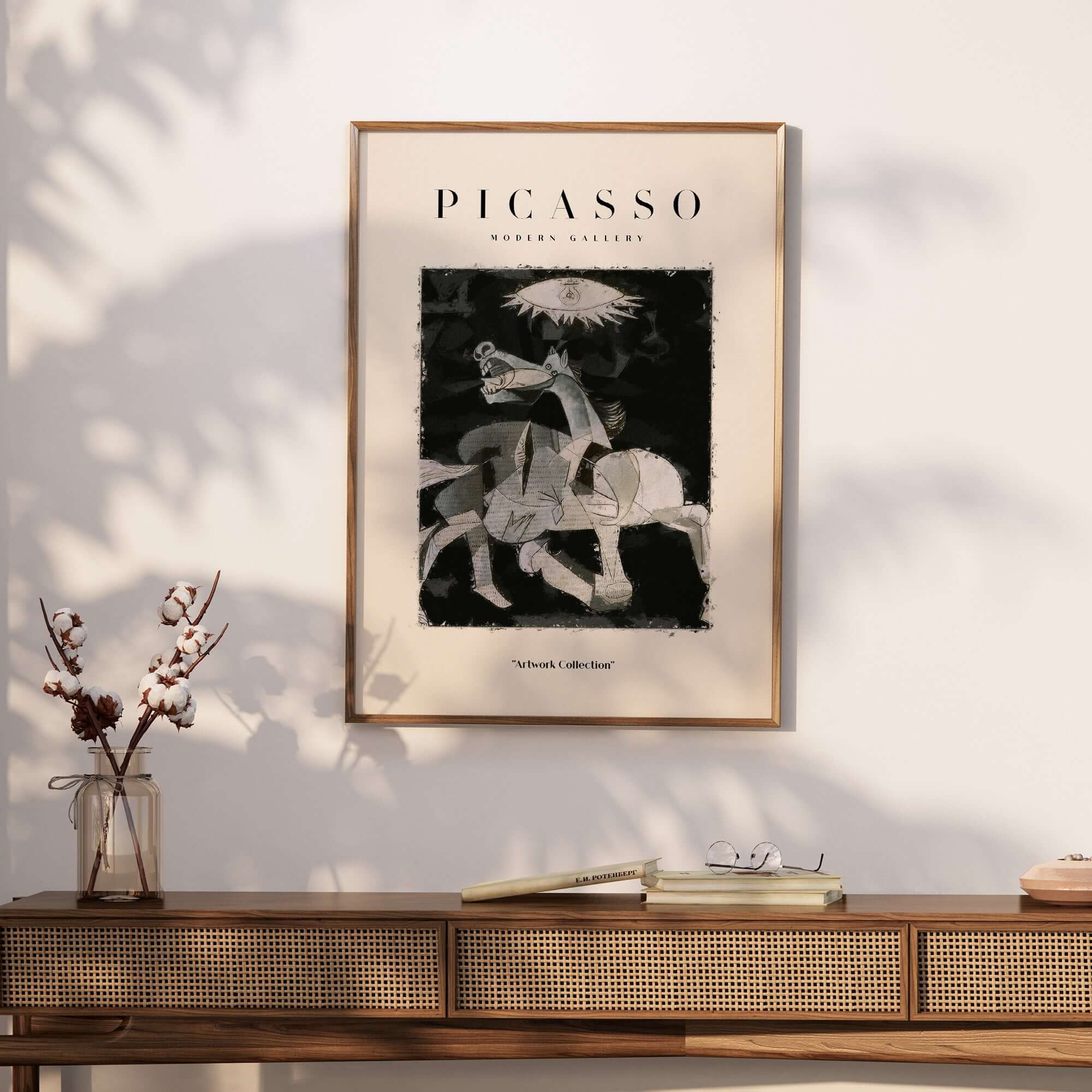 Picasso Guernica Inspired Horse Figure Art Print Abstract Black White Poster Artwork Collection displayed on wall.
