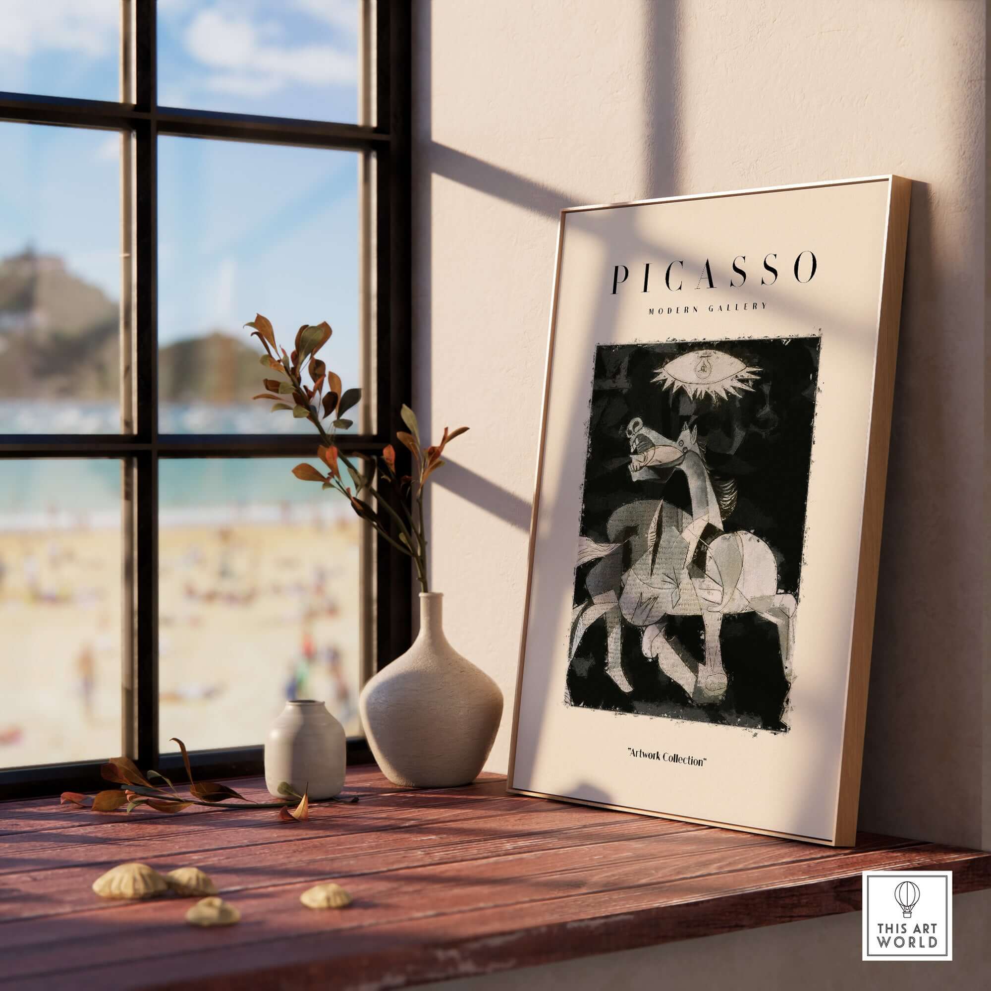 Picasso Guernica Inspired Horse Figure Art Print Abstract Black White Poster Artwork Collection displayed in a contemporary setting.