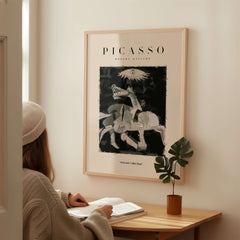 Picasso Guernica Inspired Horse Figure Art Print Abstract Black White Poster Artwork Collection displayed in a cozy room.