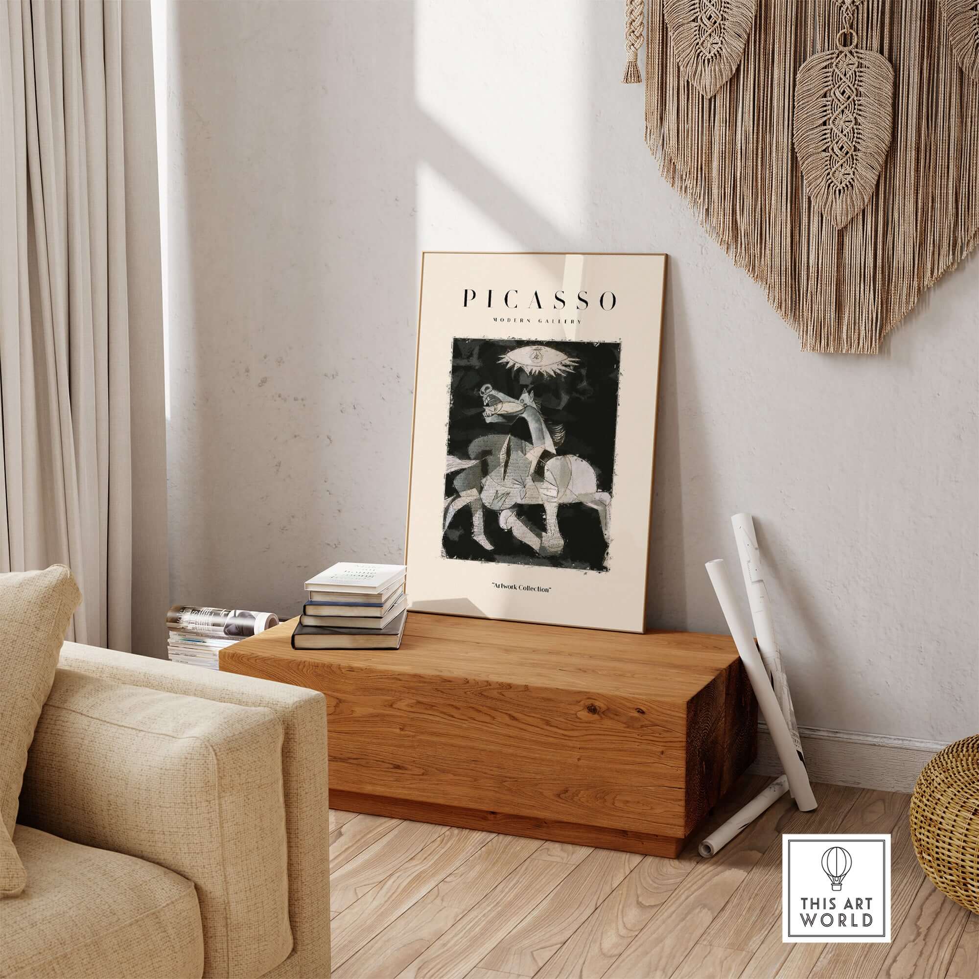 Picasso Guernica Inspired Horse Figure Art Print Abstract Black White Poster Artwork Collection in modern home decor setting.