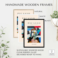 Handmade wooden frames in natural, white, and black for Picasso Woman Beret Abstract Portrait Art Print Colorful Cubist Poster Artwork Collection.