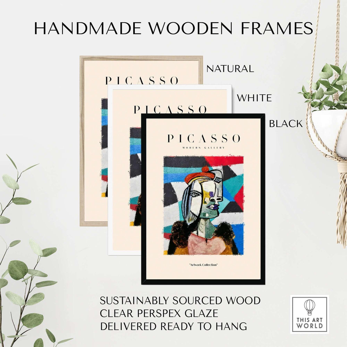 Handmade wooden frames in natural, white, and black for Picasso Woman Beret Abstract Portrait Art Print Colorful Cubist Poster Artwork Collection.