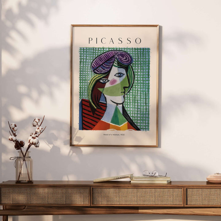 Picasso Head of a Woman 1935 art print, colorful Cubist portrait in a modern setting, vibrant wall art decor.