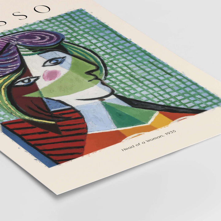 Colorful Picasso 'Head of a Woman' 1935 poster, featuring a cubist portrait with vibrant colors and abstract design.