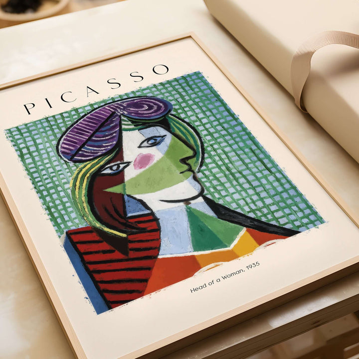 Colorful Picasso 'Head of a Woman' 1935 art print showing Cubist portrait with green checkered background.