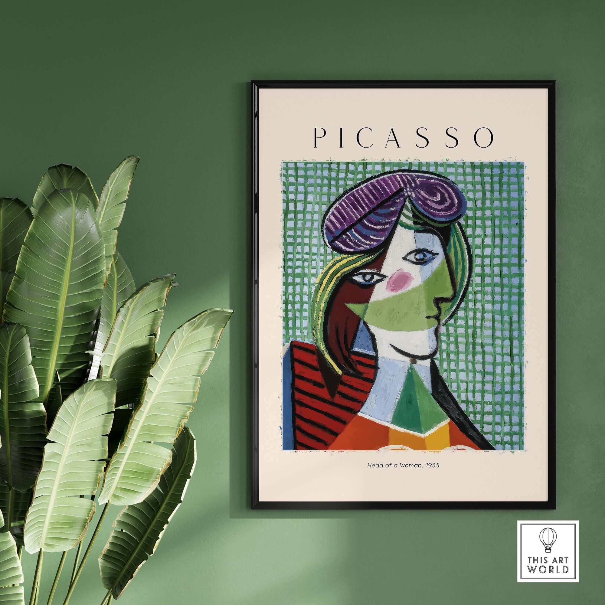 Picasso Head of a Woman 1935 Art Print Cubist Portrait Poster Colorful Wall Art displayed on a green wall.