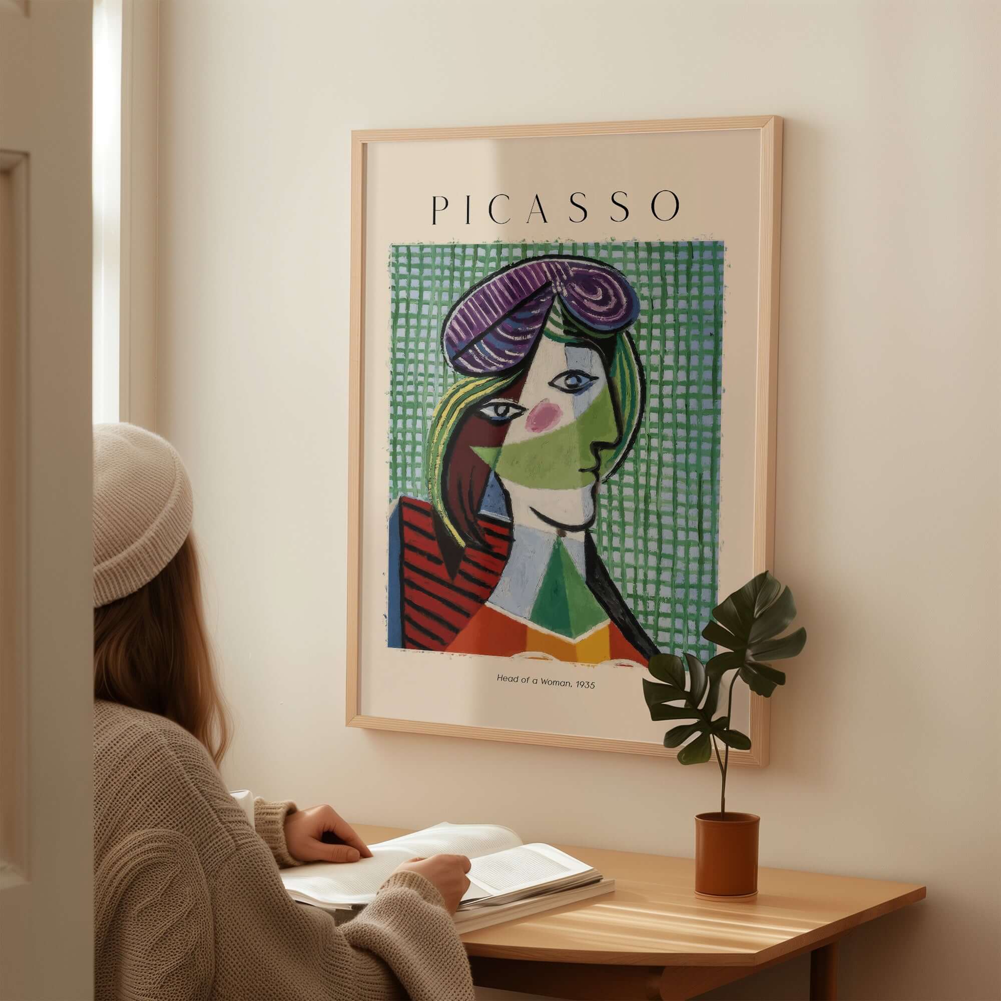 Picasso Head of a Woman 1935 Art Print Cubist Portrait Poster Colorful Wall Art displayed on a wall.