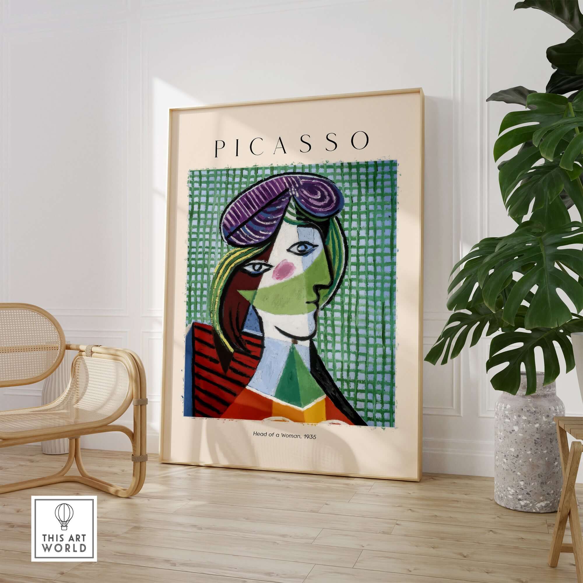 Picasso Head of a Woman 1935 Art Print Cubist Portrait Poster Colorful Wall Art displayed in a stylish interior.