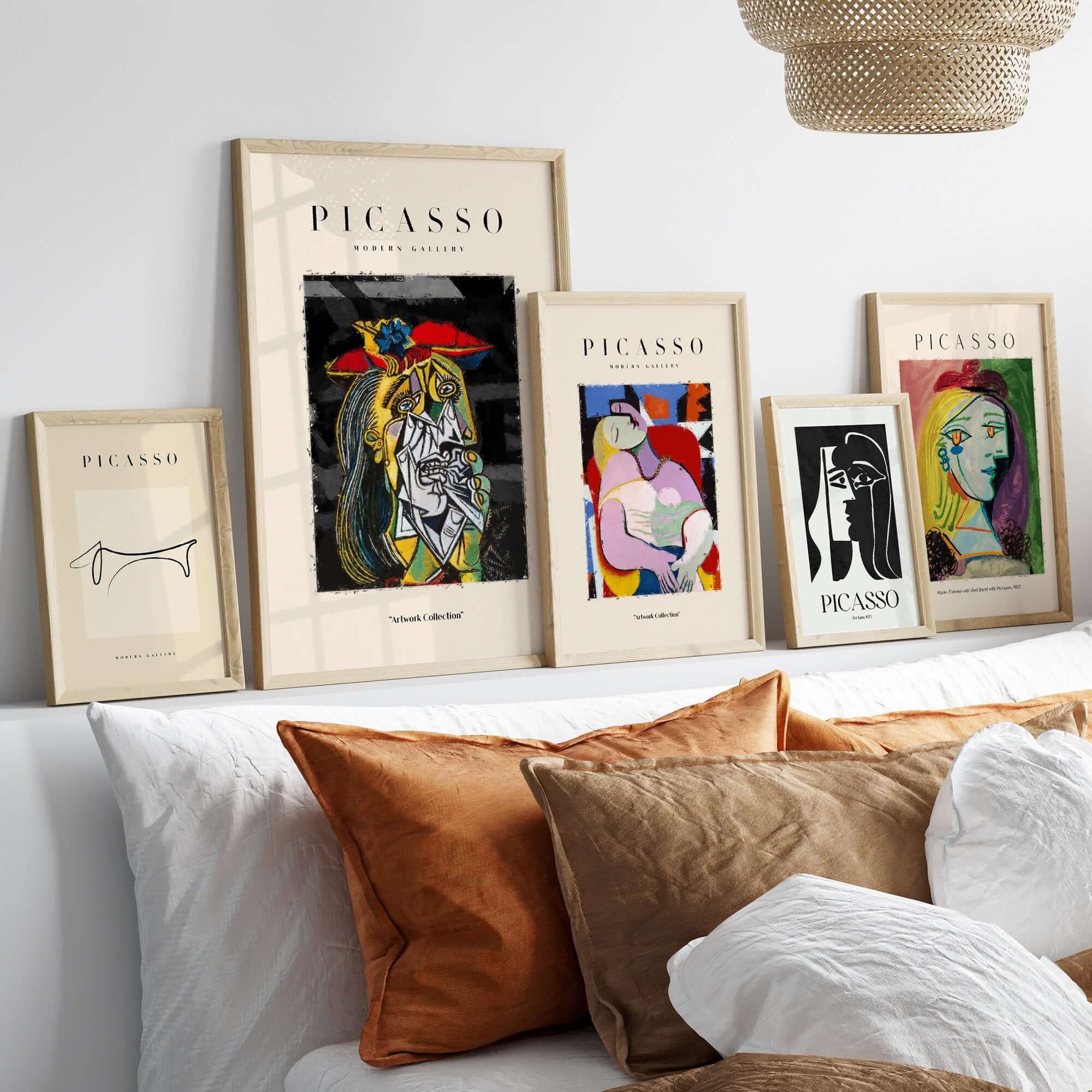 Picasso Weeping Woman Inspired Art Print Abstract Portrait Poster Artwork Collection displayed in modern frames.