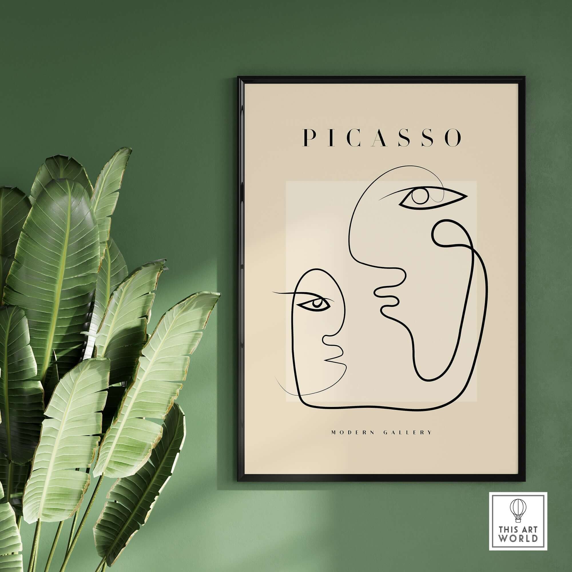 Picasso Interacting Abstract Faces Line Art Modern Gallery Minimalist Print Poster displayed on a wall with greenery.