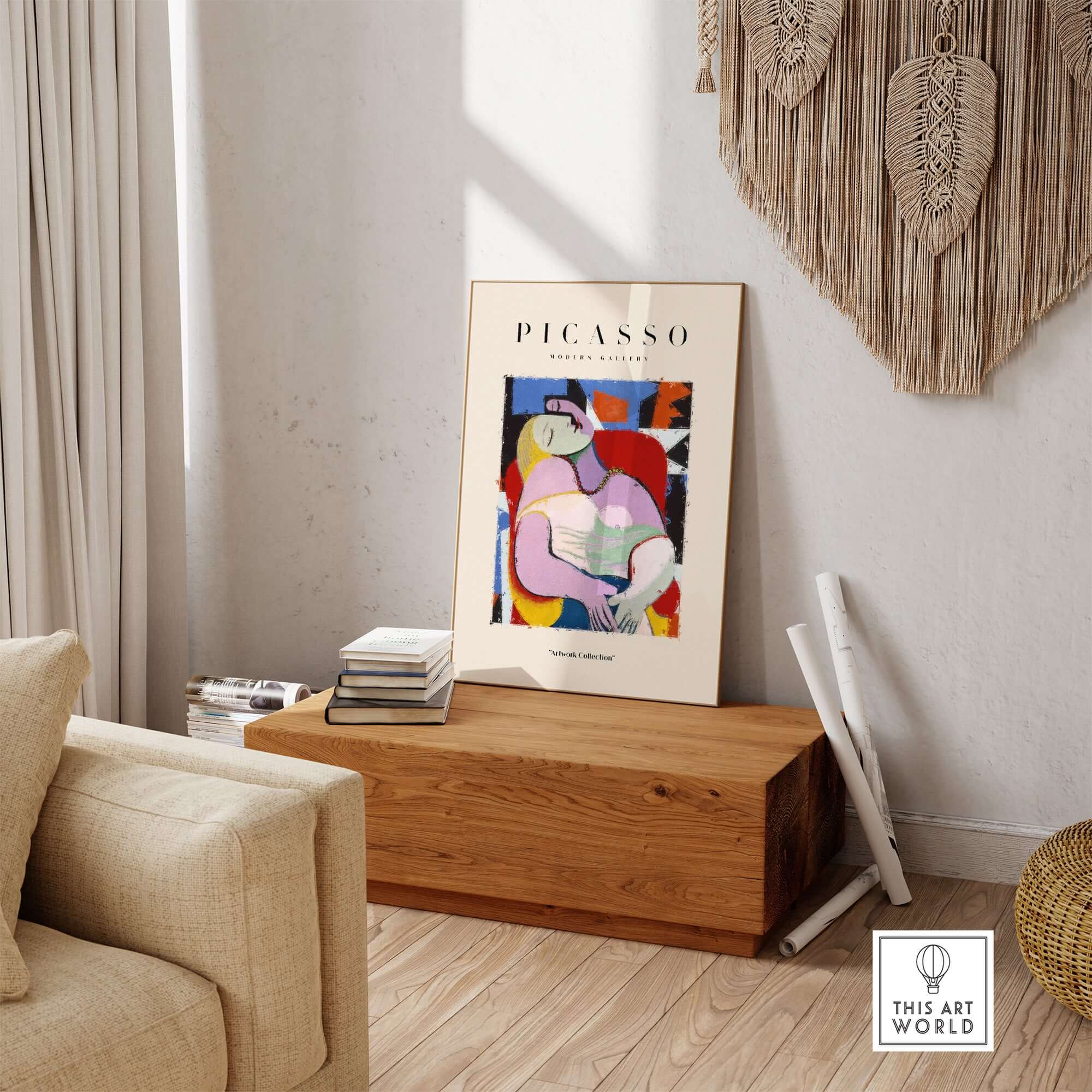 Picasso Le Rêve Inspired Reclining Woman Art Print Cubist Poster Artwork Collection displayed in a modern interior.