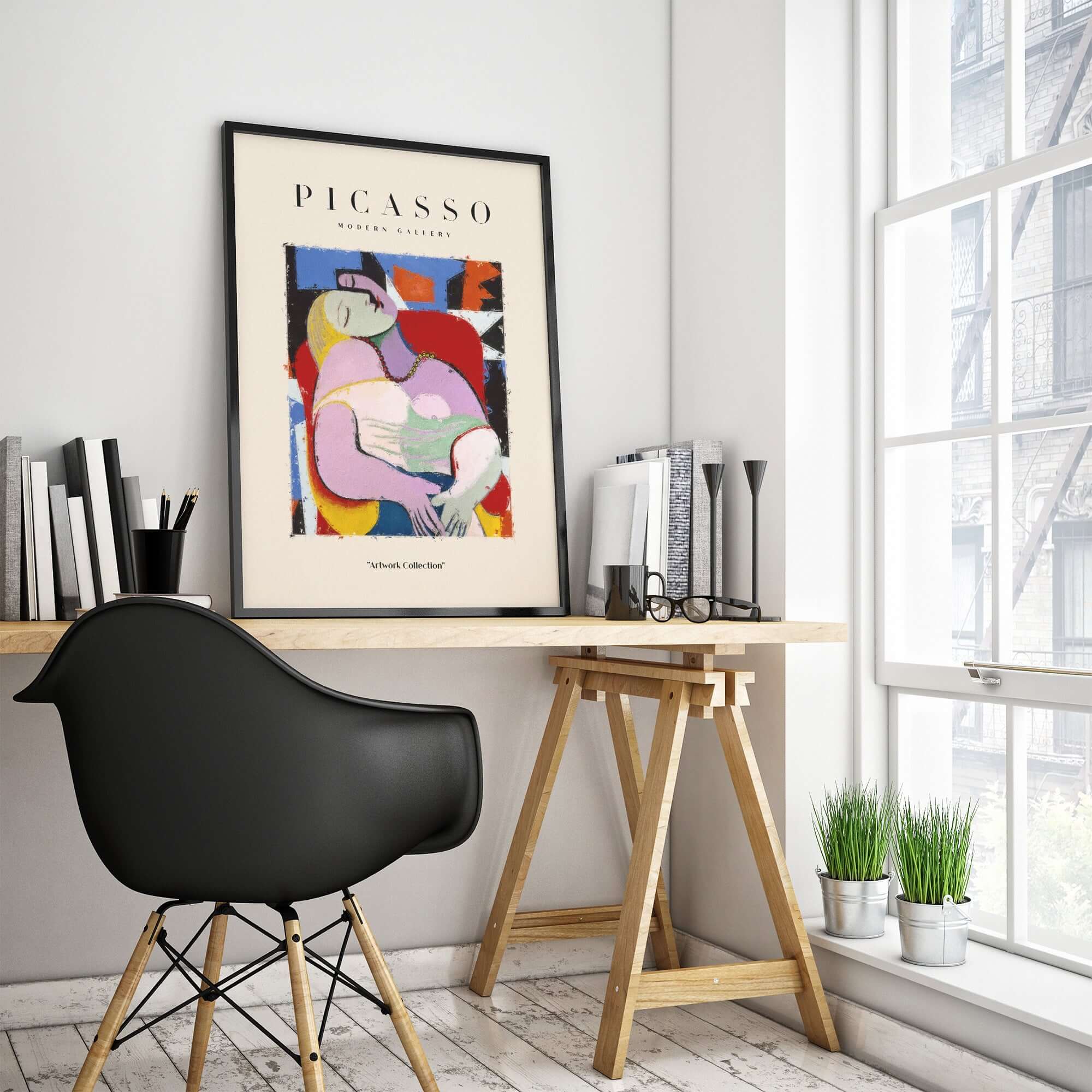 Picasso Le Rêve Inspired Reclining Woman Art Print Cubist Poster Artwork Collection displayed in a modern interior.