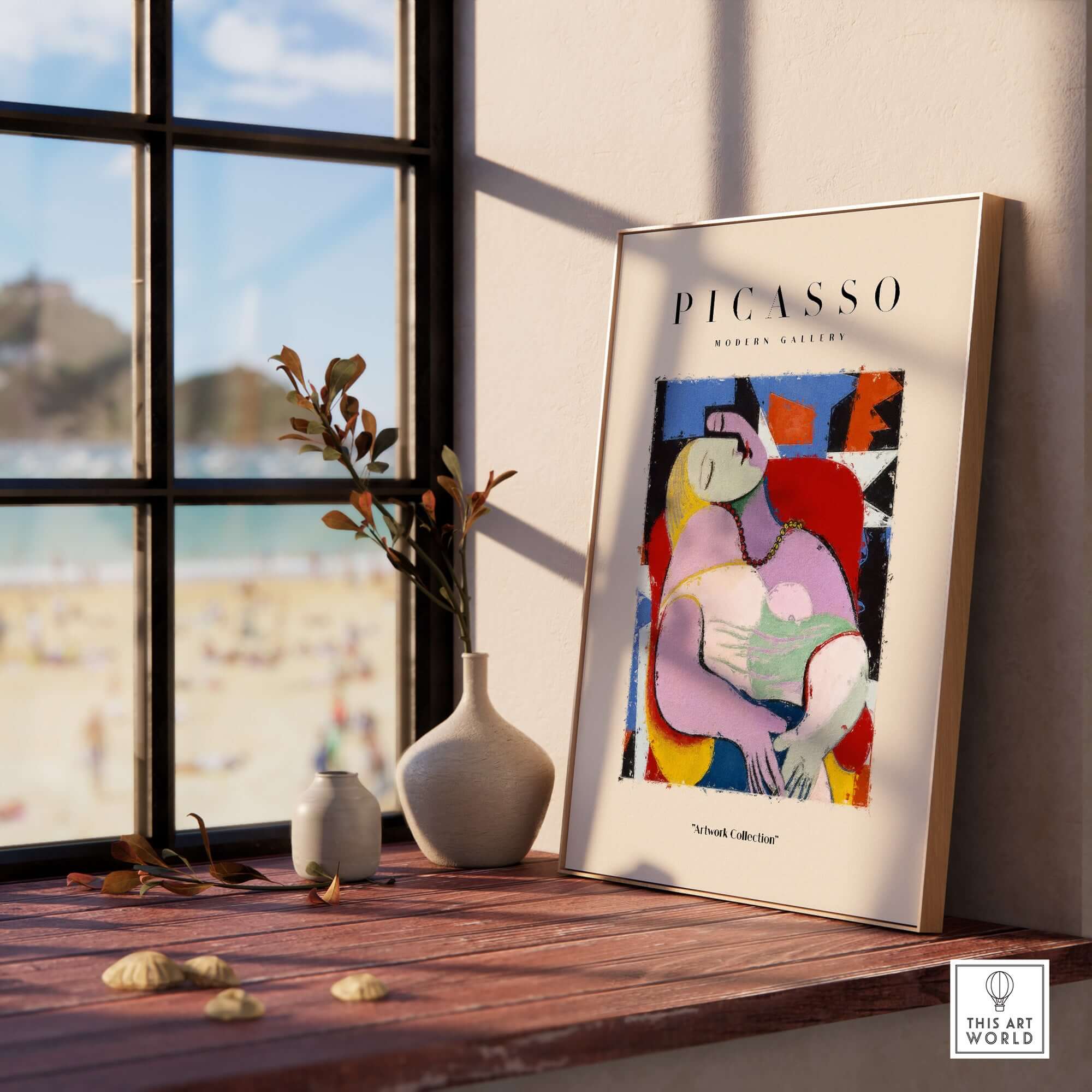 Picasso Le Rêve Inspired Reclining Woman Art Print Cubist Poster Artwork Collection displayed near a beach view.